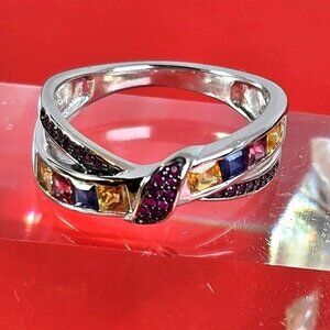 925 Sterling Silver Ring Sz 6.75 with Natural Sapphire & Ruby Gems
